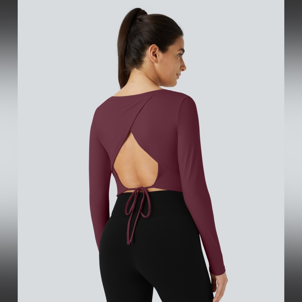 Long Sleeve‎ Backless Cut Out Tie Back Cropped Sports Top